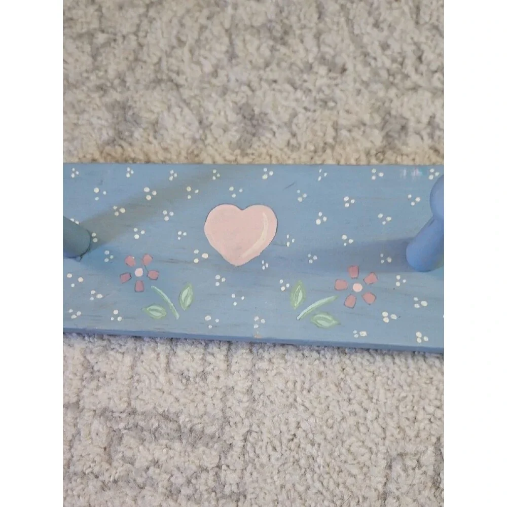 Hand Crafted Blue and Pink Wooden Heart Wall Peg Hook Rack